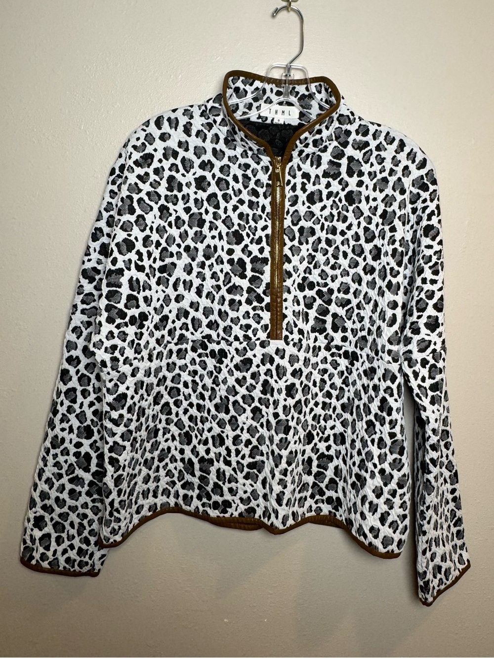 THML White and Black Leopard Animal Print Quarter-Zip Pullover with Brown Trim